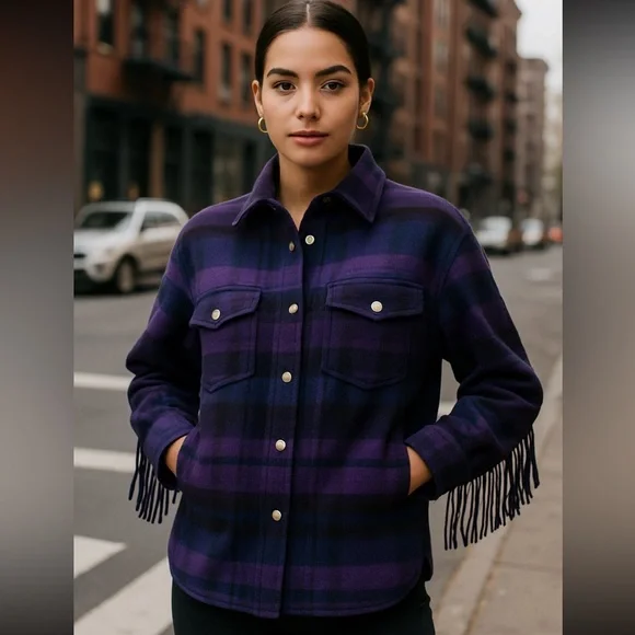 House of Harlow | Boho Western | Fringe Plaid Oversized Jacket – Size Small - Picture 1 of 7